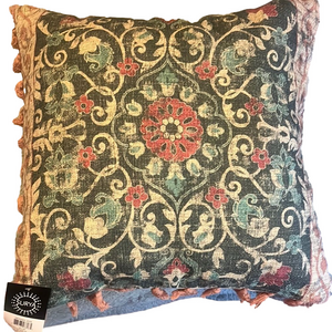 Elegant Floral Accent Pillow Cover in Blue and Red with Pink Tassles